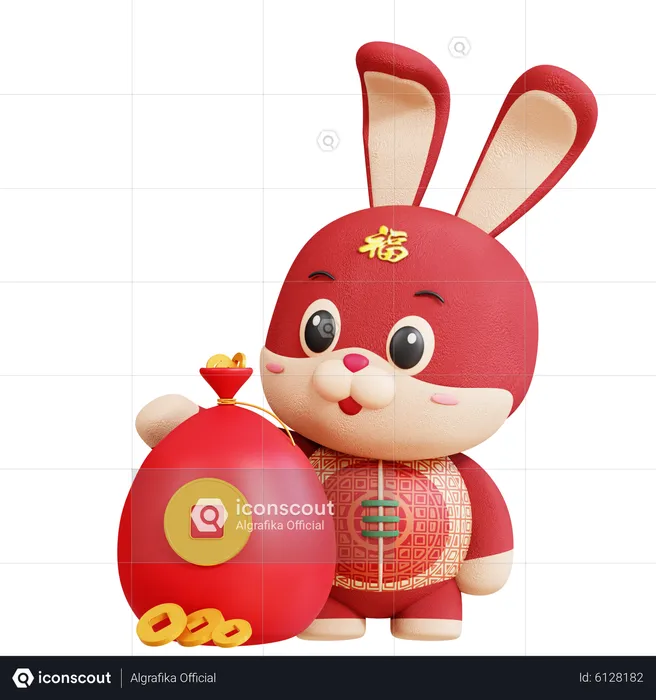 Chinese Rabbit With Coin Bag  3D Illustration