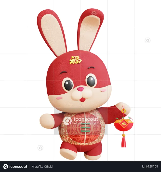 Chinese Rabbit With Fruit Lantern  3D Illustration