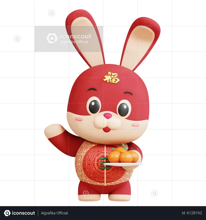 Chinese Rabbit With Orange Fruit  3D Illustration