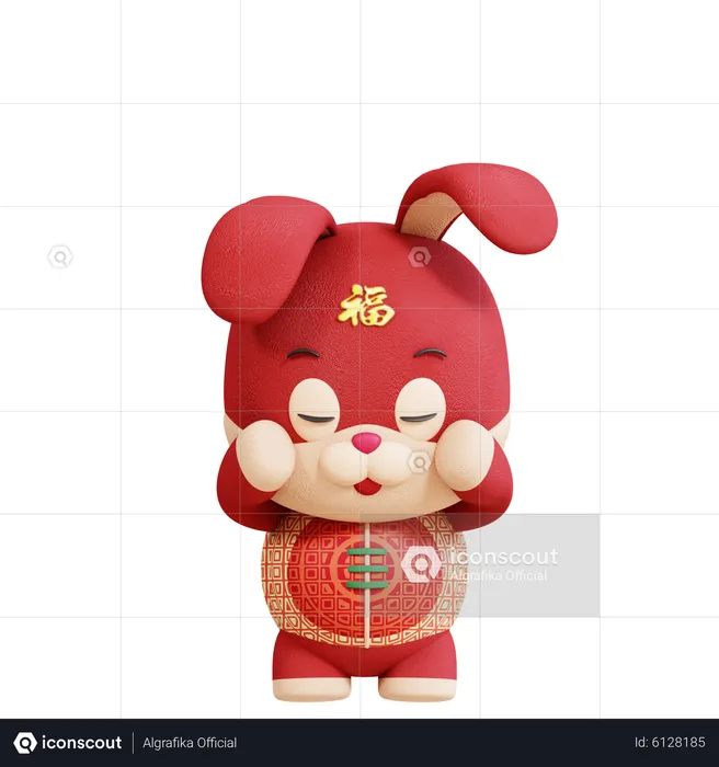 Chinese Rabbit With Shy Pose  3D Illustration