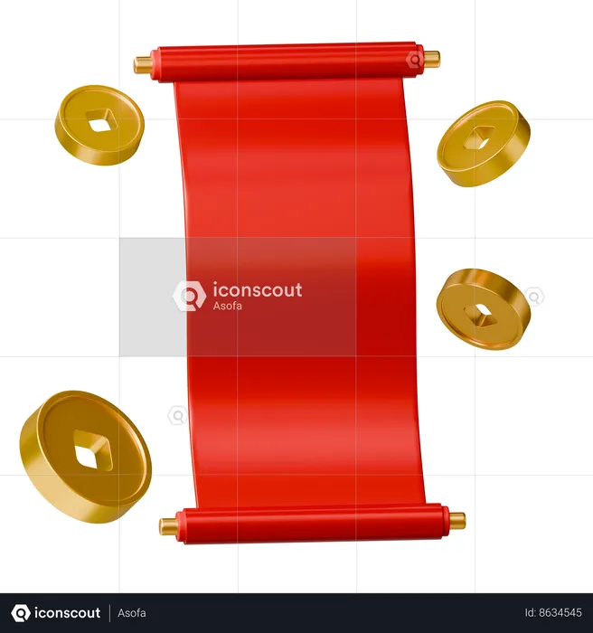 Chinese Scroll Letter And Coin  3D Icon