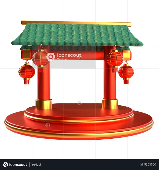 Chinese Temple Gate With Lantern Podium  3D Icon