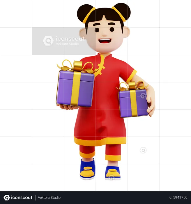 Chinese Woman Character with Gifts  3D Illustration
