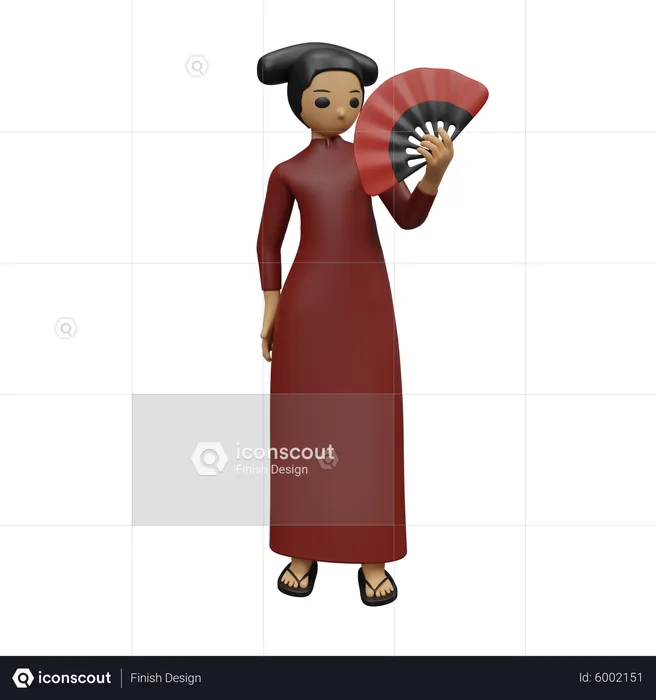Chinese woman giving standing pose with chinese fan  3D Illustration
