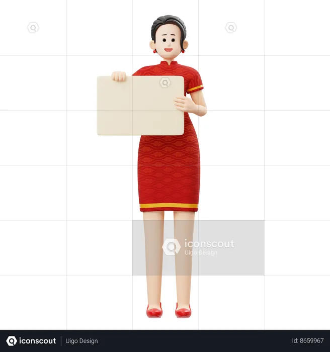 Chinese Woman Is Holding Board  3D Illustration