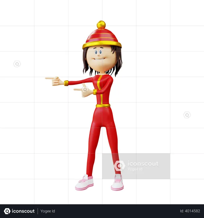 Chinese woman pointing to the right  3D Illustration