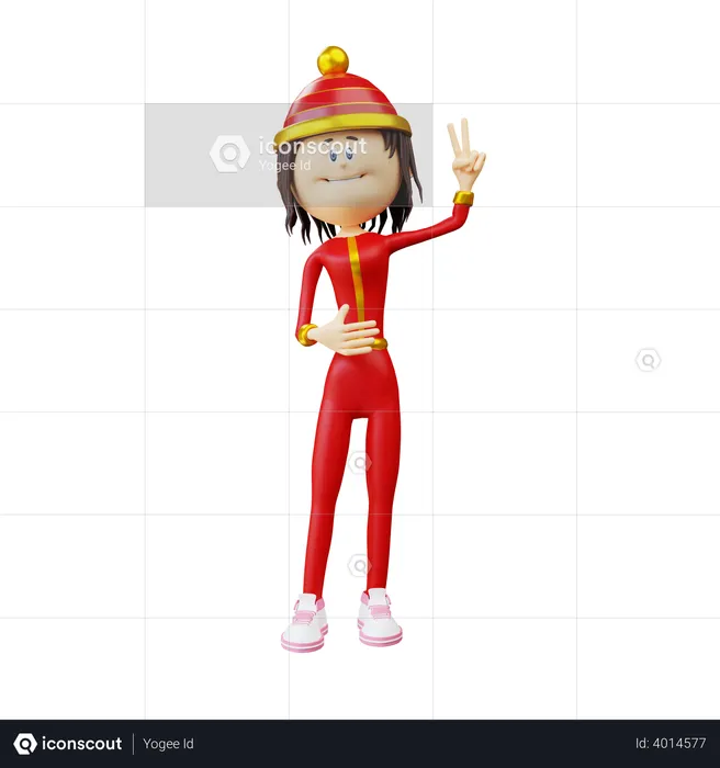 Chinese woman showing victory sign  3D Illustration