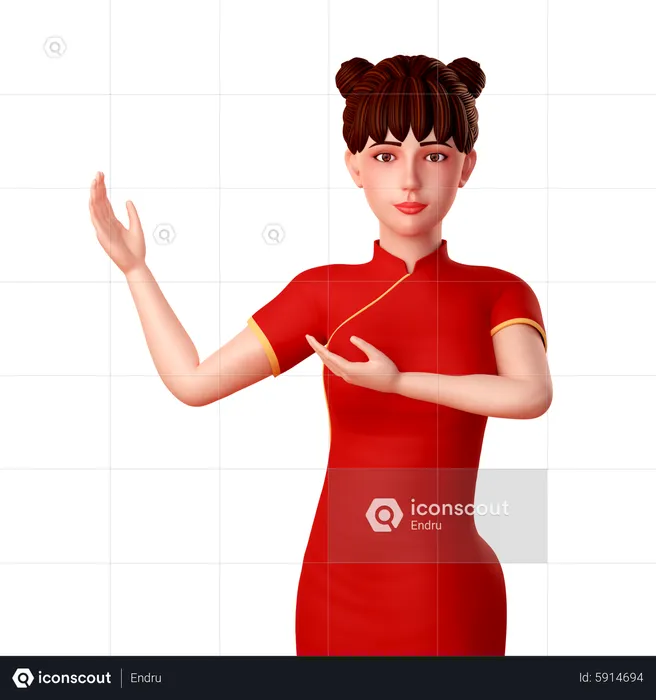 Chinese Woman standing and showing something in right  3D Illustration
