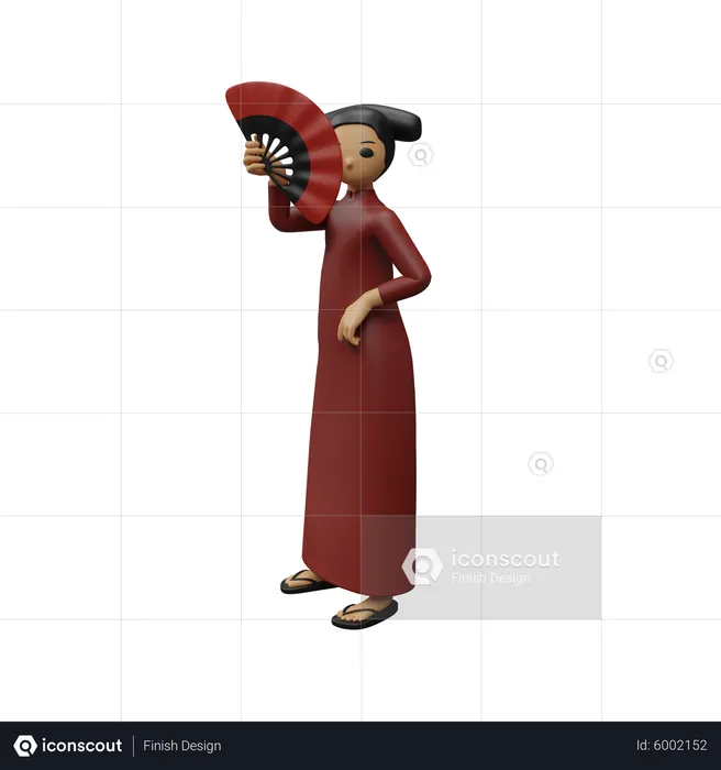 Chinese young girl giving standing pose while holding chinese fan  3D Illustration