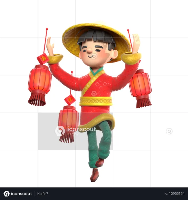 Chinese, Mann, Mit, Lampen  3D Illustration