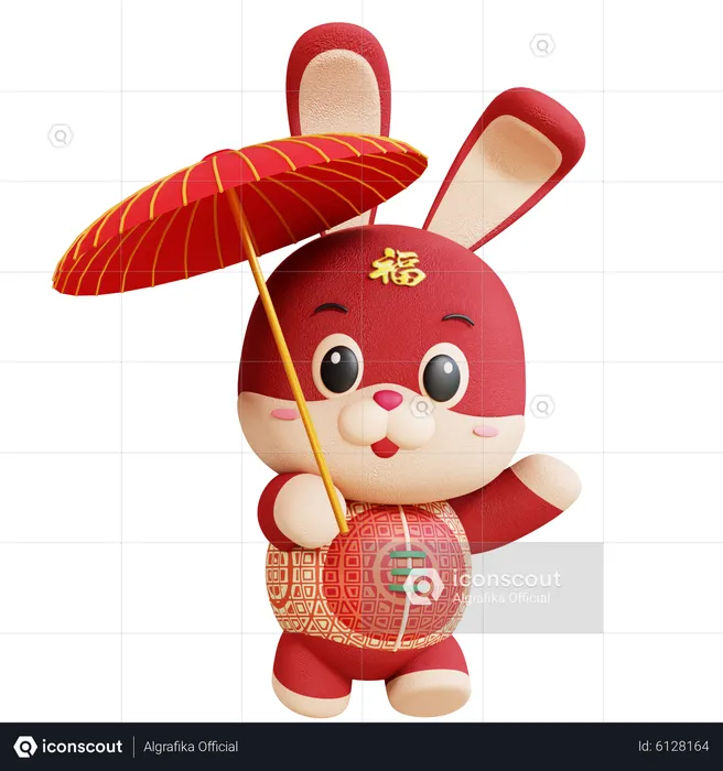Chinesisches Kaninchen mit Regenschirm  3D Illustration