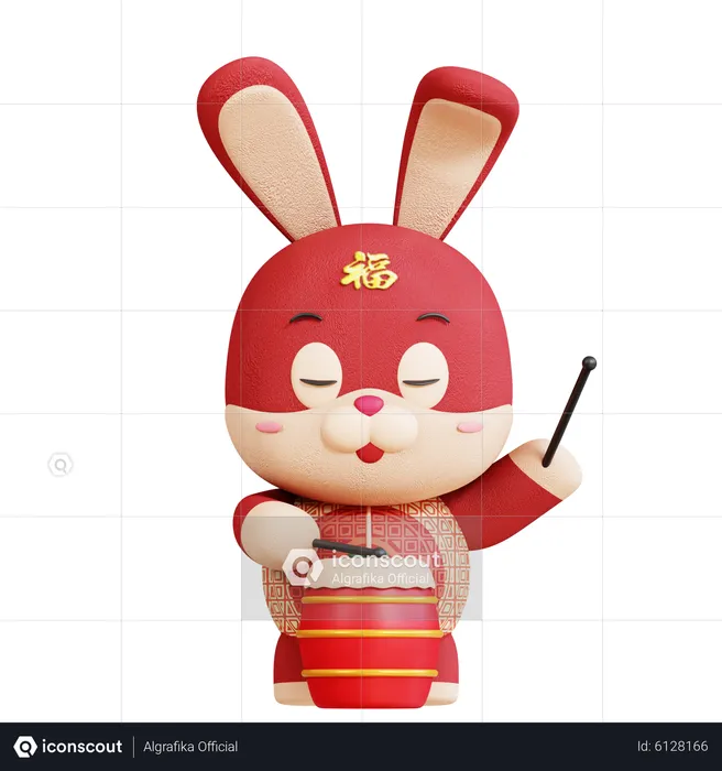 Chinesisches Kaninchen mit Trommel  3D Illustration