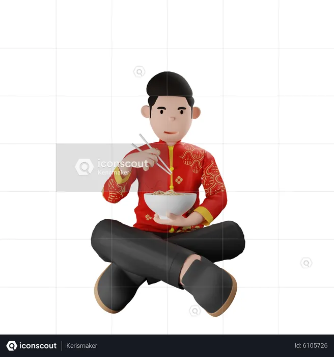Chinsese Boy Eating Noodle  3D Illustration
