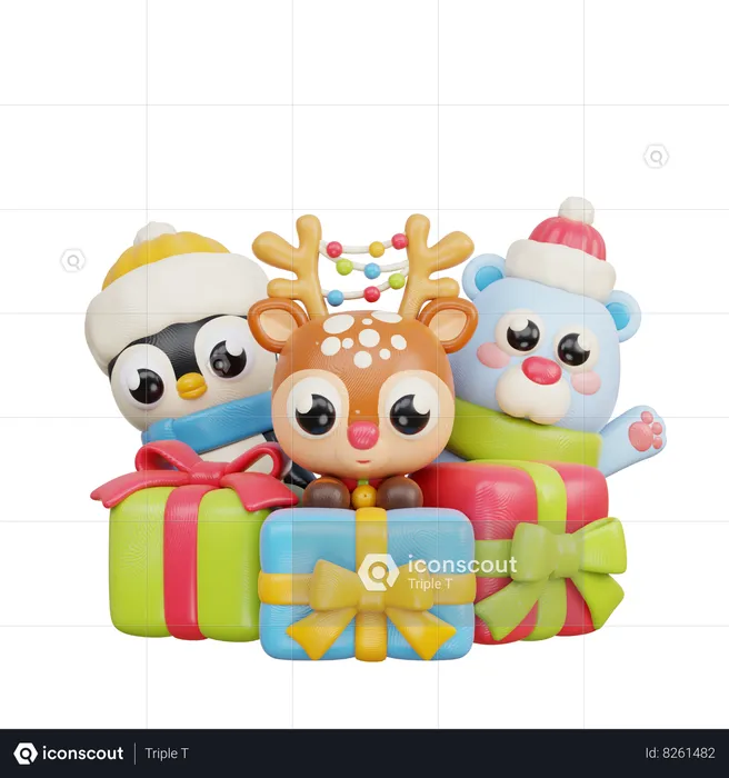 Christmas Animal With Gift  3D Illustration