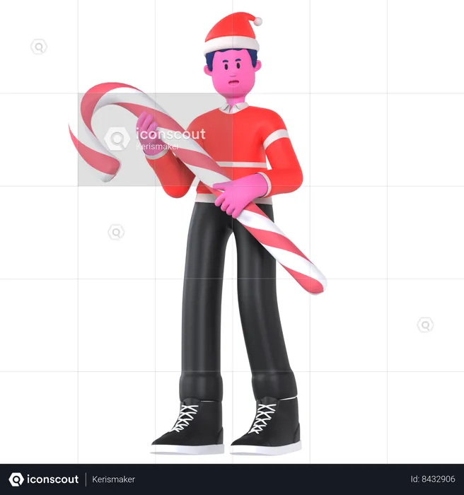 Christmas Boy Bring Big Candy Cane  3D Illustration