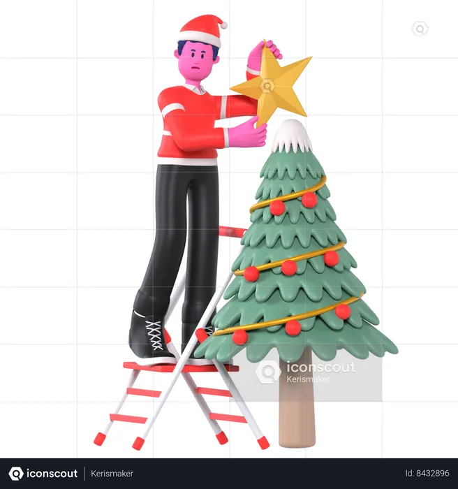Christmas Boy Decorating Christmas Tree  3D Illustration