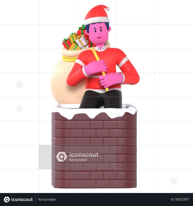 Christmas Boy Enter Chimney Carrying Gifts  3D Illustration