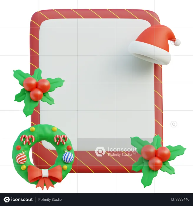 Christmas Card Template With Holly Berries And Santa Hat  3D Icon