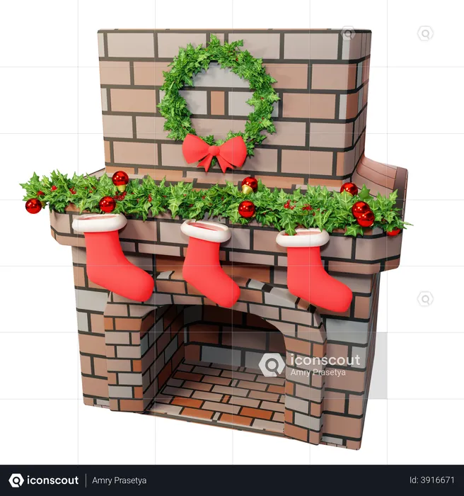 Christmas fireplace decorated with stockings  3D Illustration