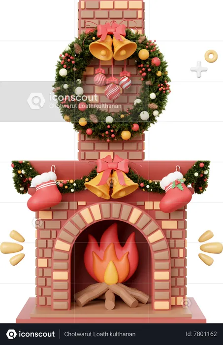 Christmas Fireplace With Decorations  3D Icon