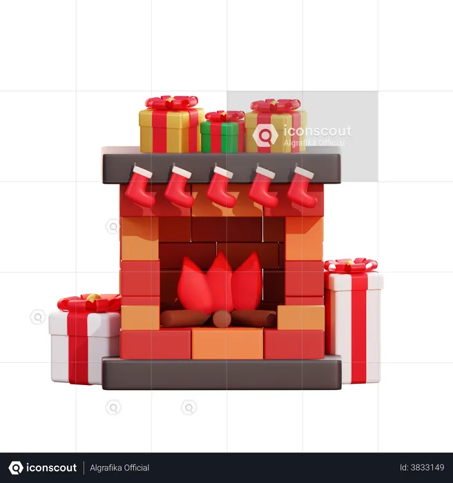 Christmas Giftbox And Fireplace  3D Illustration