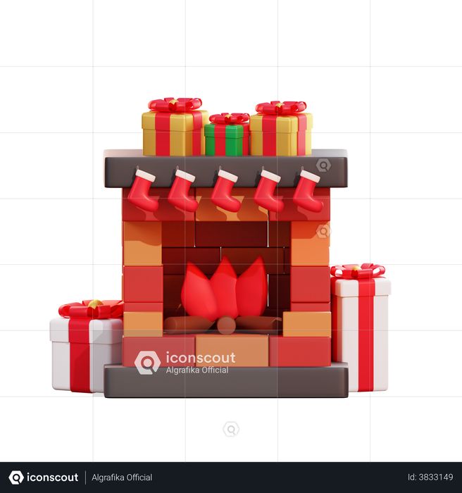 Christmas Giftbox And Fireplace 3D Illustration
