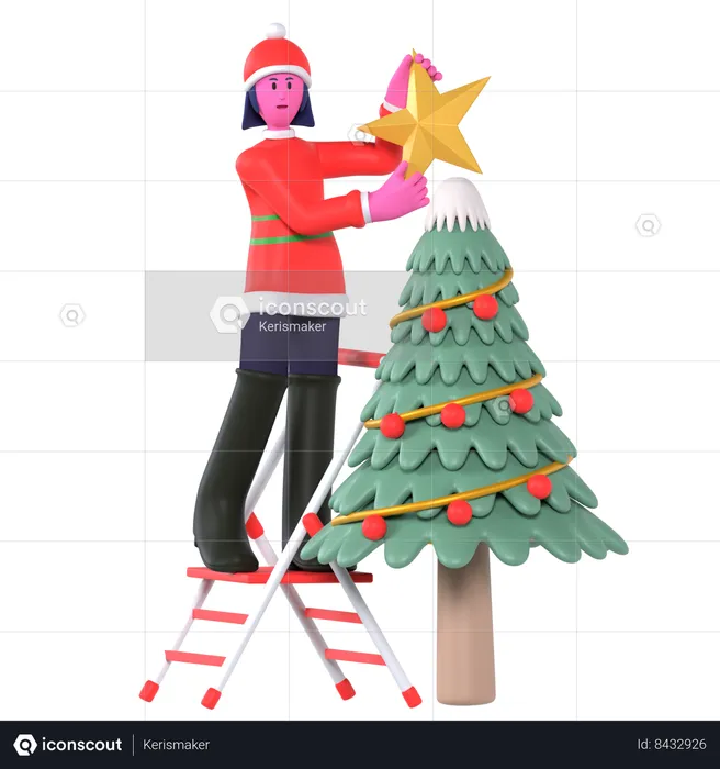 Christmas Girl Decorate Christmas Tree  3D Icon