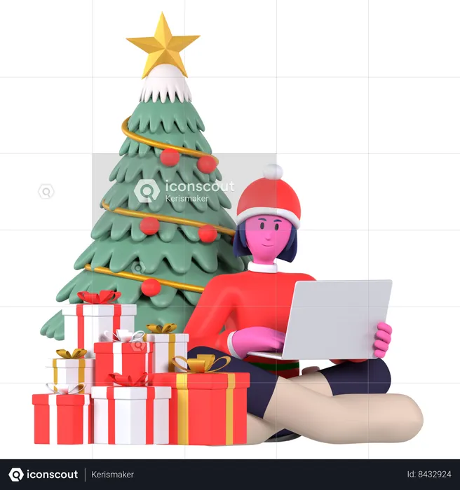 Christmas Girl Doing Online Christmas Wish  3D Icon