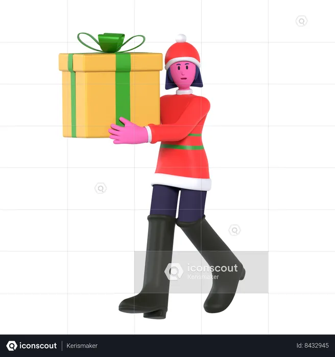 Christmas Girl Holding Big Gift Box  3D Icon
