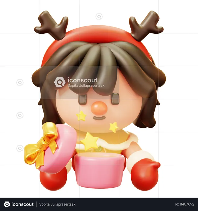Christmas Girl Opening a Gift Box  3D Icon