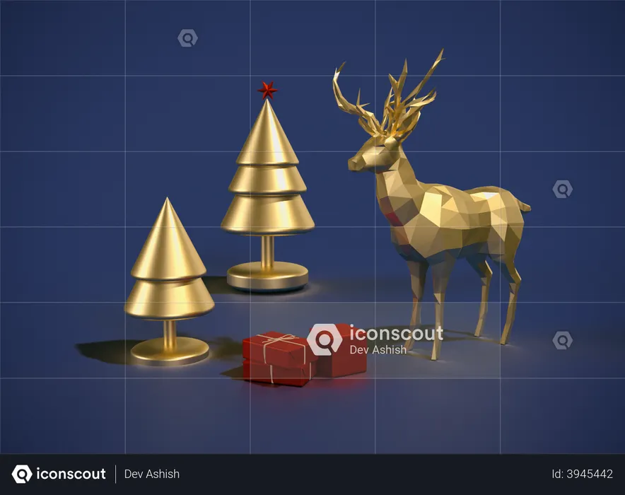 Christmas golden deer  3D Illustration