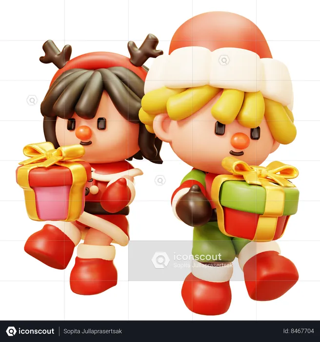 Christmas Kids with Gift  3D Icon