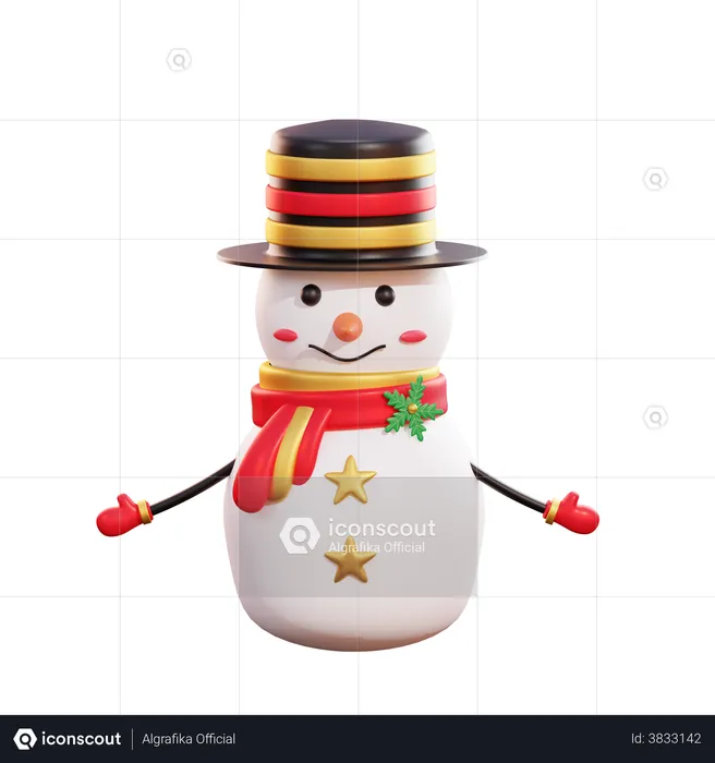 Christmas Snowman Wearing Black Hat  3D Illustration