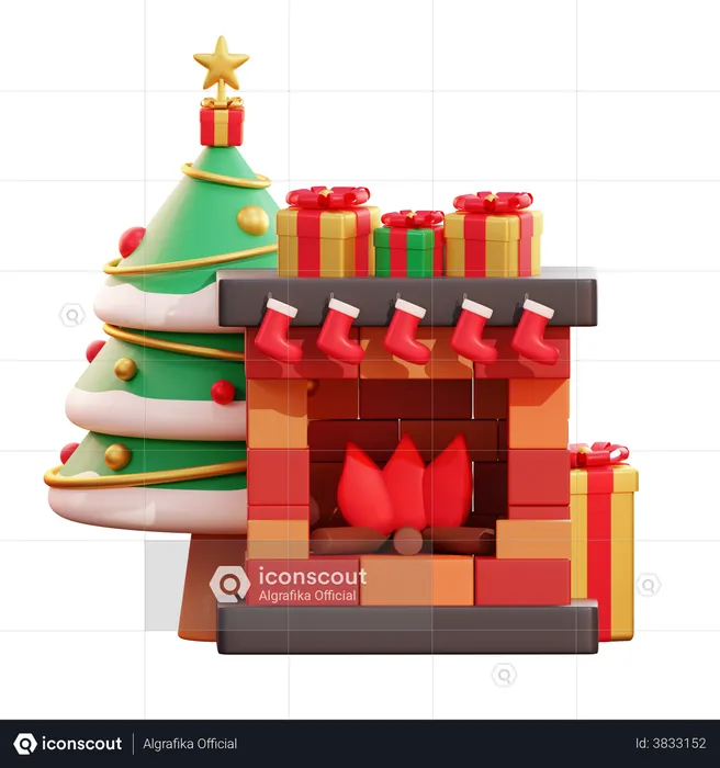 Christmas Tree And Fireplace  3D Illustration