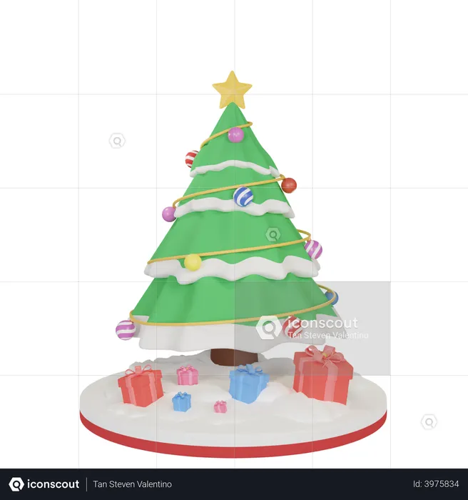 Christmas Tree And Gift Box  3D Illustration