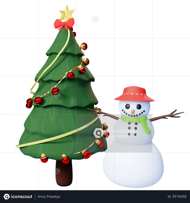 Christmas tree and snowman  3D Illustration