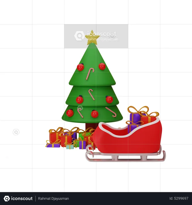 Christmas Tree With Gift And santa sleigh  3D Illustration