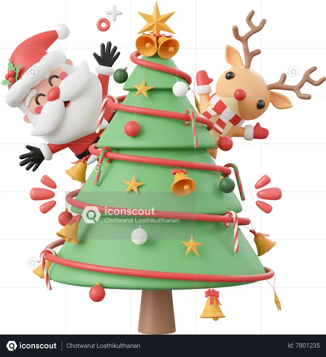 Christmas Tree With Santa Claus And Reindeer  3D Icon