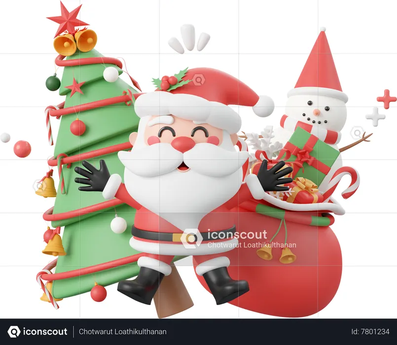 Christmas Tree With Santa Claus And Snowman  3D Icon