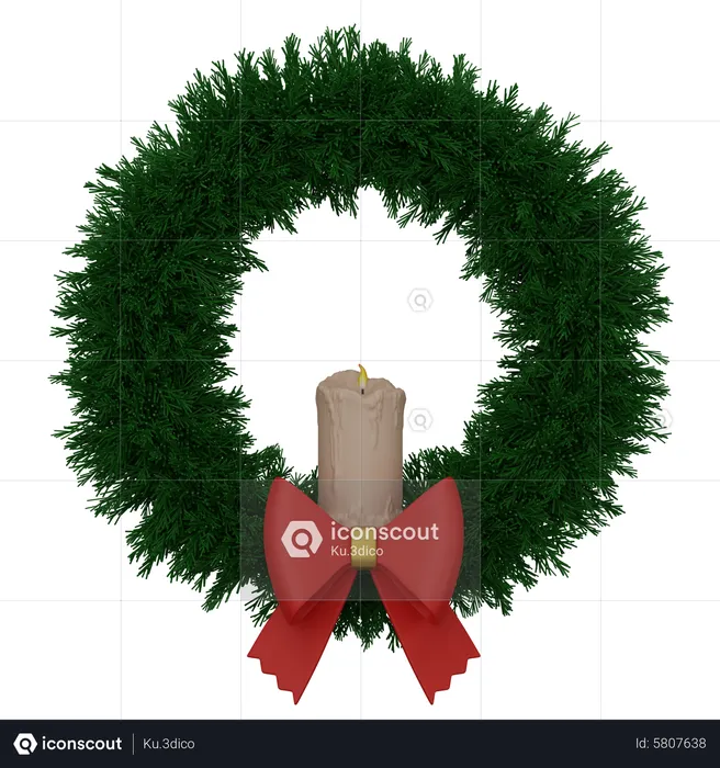 Christmas Wreath With Candle And Bow  3D Icon