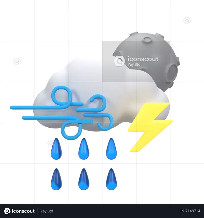 Chuva ventosa com relâmpagos à noite  3D Icon