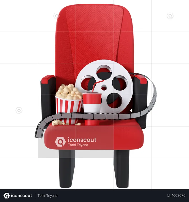 Cinema Chair With Popcorn And Film Reel  3D Illustration