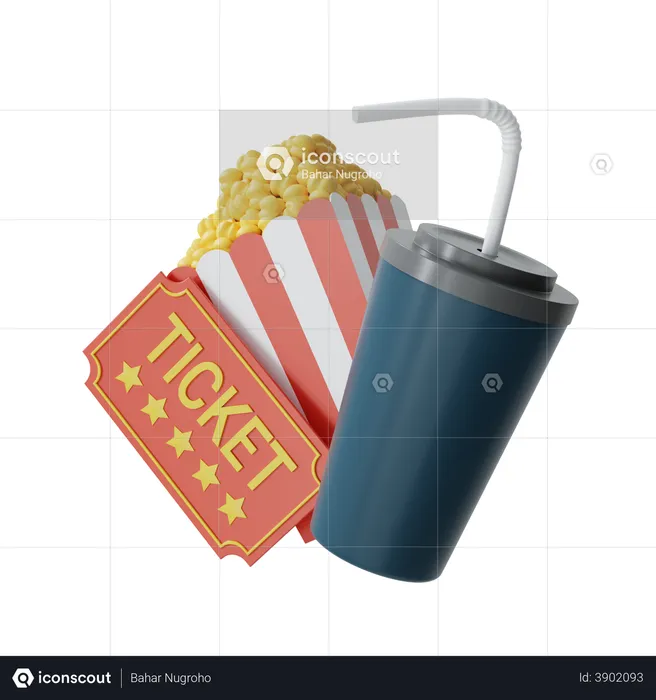 Cinema Ticket with Popcorn  3D Illustration