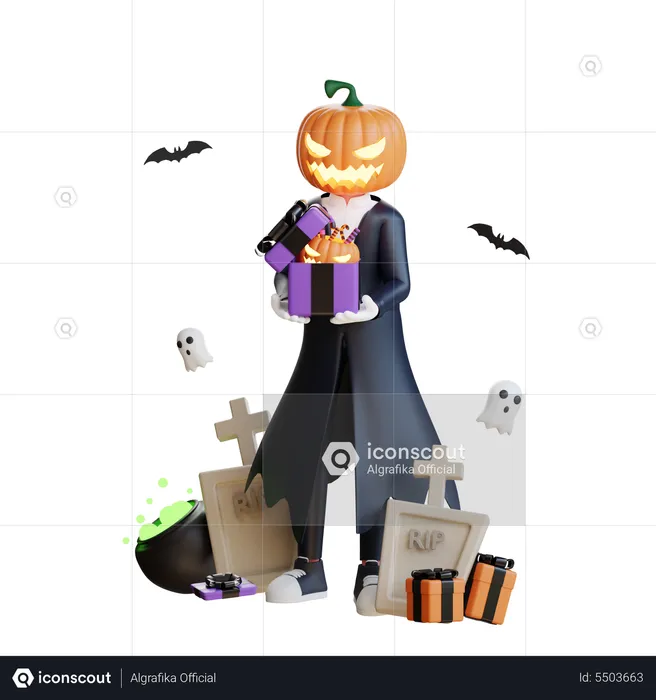 Homme citrouille tenant des bonbons d'Halloween  3D Illustration