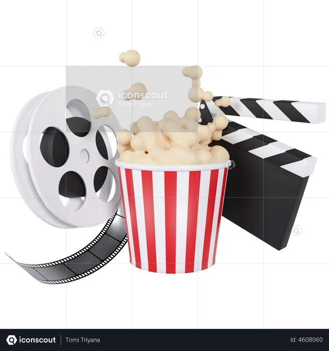Clapperboard With Film Roll And Popcorn  3D Illustration