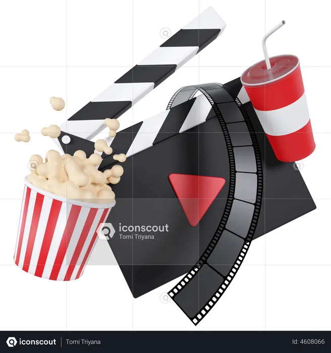 Clapperboard With Film Strip And Popcorn  3D Icon