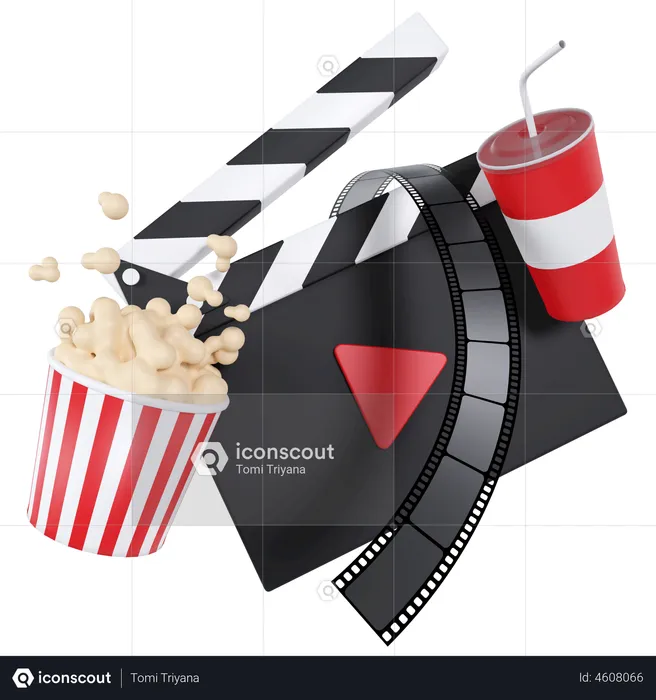 Clapperboard With Film Strip And Popcorn  3D Illustration