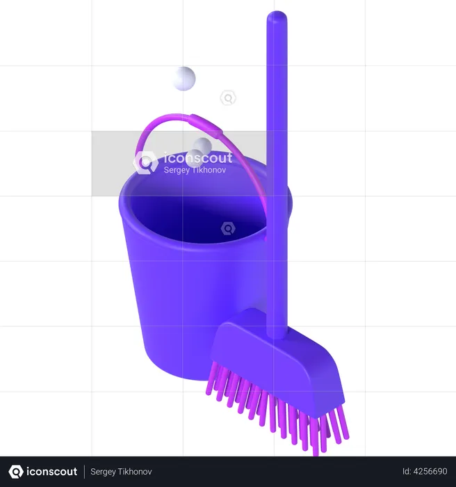 Cleaning bucket and broom  3D Illustration