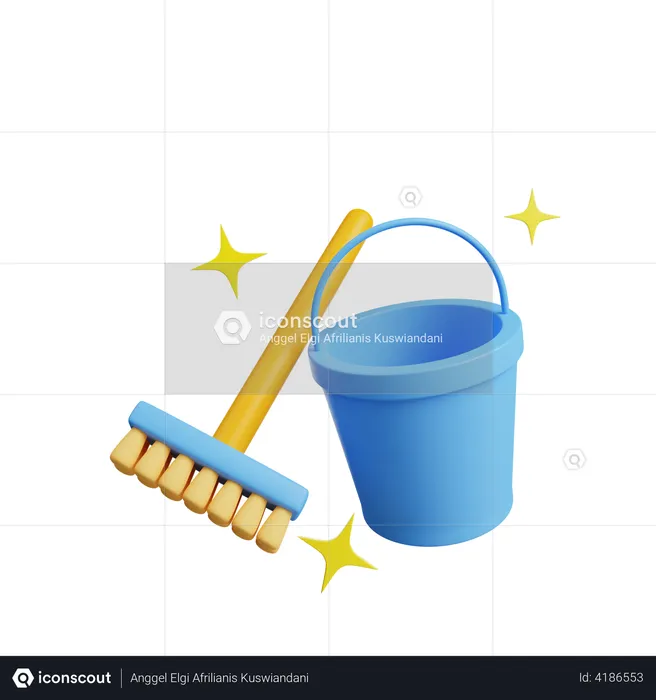Cleaning bucket and broom  3D Illustration