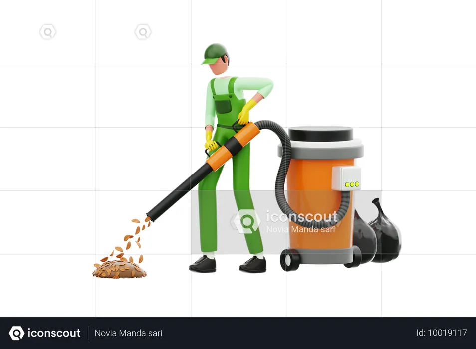 Cleaning Staff Collecting Garbage With Vacuum Cleaner  3D Illustration